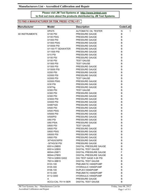 Manufacturers List Accredited Calibration And Jm Test Systems