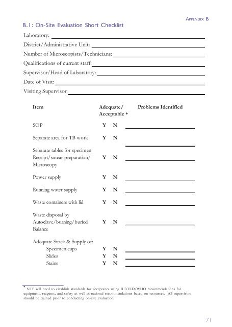 71 B.1: On-Site Evaluation Short Checklist On-Site Evaluation Short ...