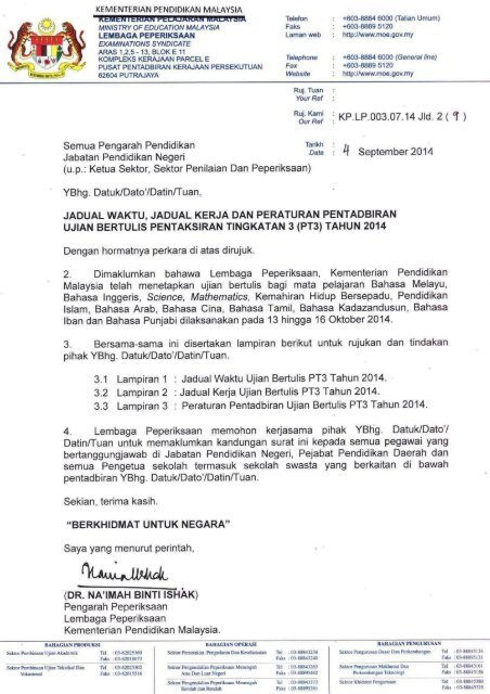 Surat Siaran Jadual Waktu Jadual Kerja Peraturan Pentadbiran Ujian Bertulis PT3 Tahun 2014