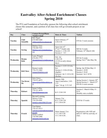 Eastvalley After-School Enrichment Classes Spring 2010