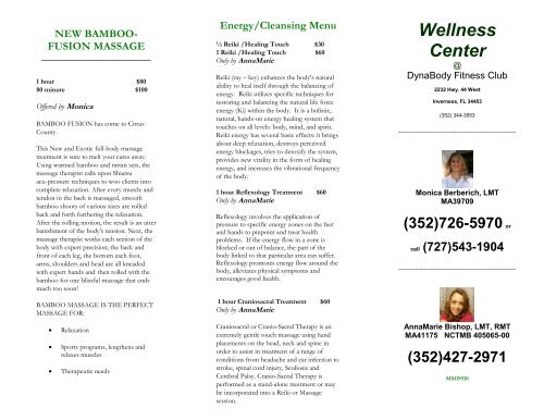 Wellness Center Massage Menu: - Dynabody Fitness Club