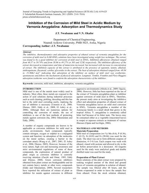 Inhibition Of The Corrosion Of Mild Steel In Acidic Medium Journal Of Inhibition Of The Corrosion Of Mild Steel In Acidic Medium Journal Of