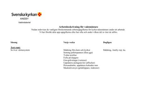 Arbetsbeskrivning fÃ¶r vaktmÃ¤stare - Svenska kyrkan Aneby