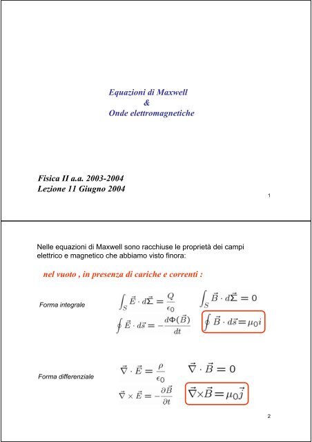 Equazioni Di Maxwell Onde Elettromagnetiche Fisica Ii A A 2003