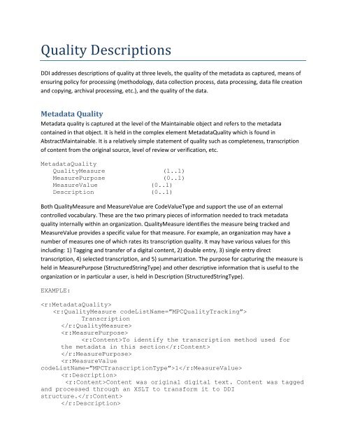 Quality Descriptions - Data Documentation Initiative