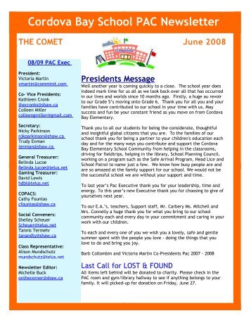 Cordova Bay School PAC Newsletter THE COMET