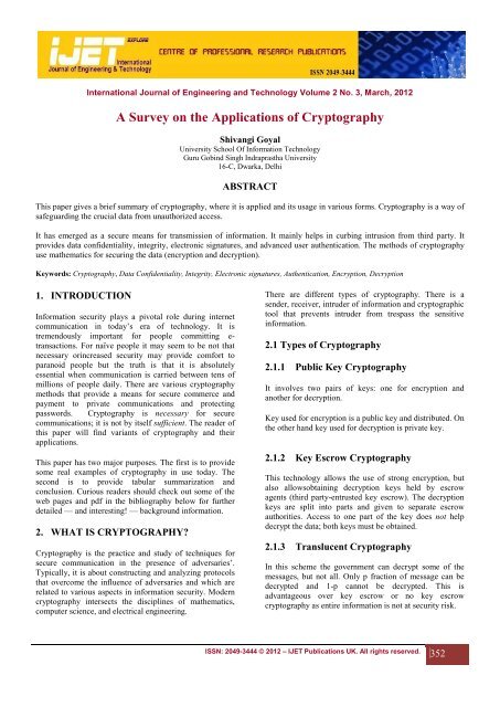 A Survey on the Applications of Cryptography