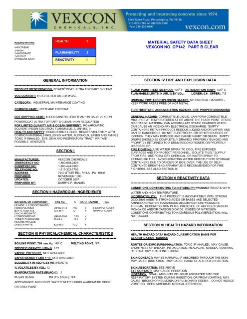 material safety data sheet vexcon no. cp142 part b clear