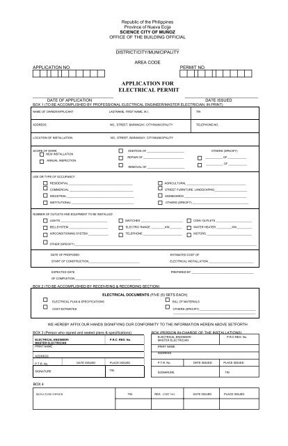 APPLICATION FOR ELECTRICAL PERMIT - Science City of Munoz