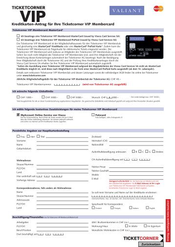 Kreditkarten-Antrag fÃ¼r Ihre Ticketcorner VIP Membercard