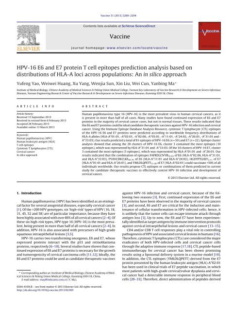 HPV-16 E6 and E7 protein T cell epitopes prediction analysis based ...