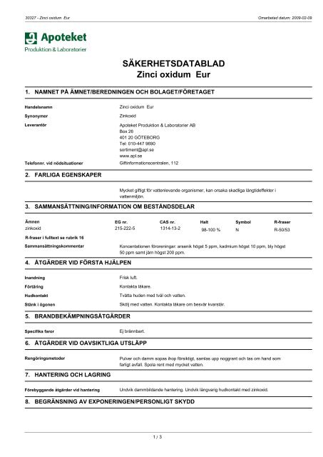 SÃKERHETSDATABLAD Zinci oxidum Eur - Apoteket