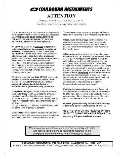Return Instrument Product Return Form - Coulbourn Instruments