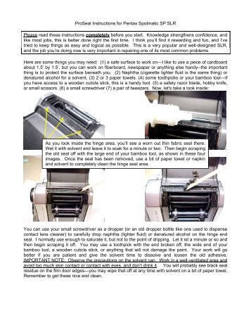 ProSeal Instructions for Pentax Spotmatic SP SLR Please read ...