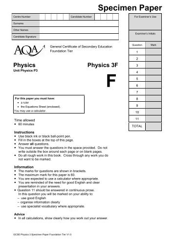 GCSE Physics Specimen Question Paper Foundation ... - AQA