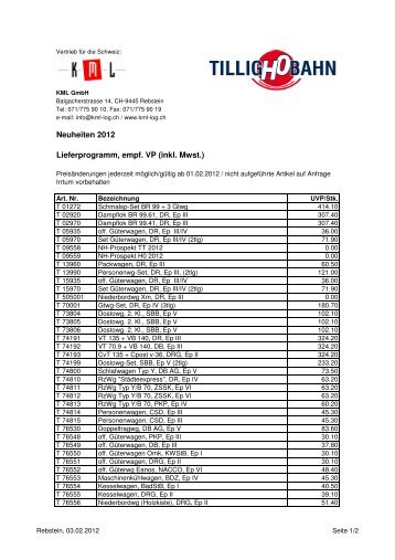 Tillig H0 Verkaufspreisliste Neuheiten 2012 - auf kml-log