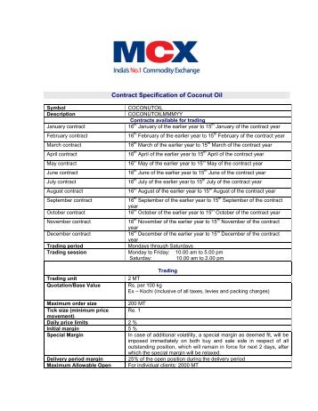 Contract Specification of Coconut Oil - MCX