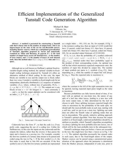 Efficient Implementation of the Generalized Tunstall Code ... - HKN