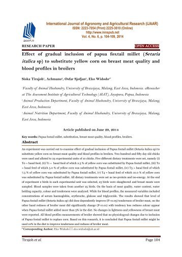 Effect of gradual inclusion of papua foxtail millet (Setaria italica sp) to substitute yellow corn on breast meat quality and blood profiles in broilers