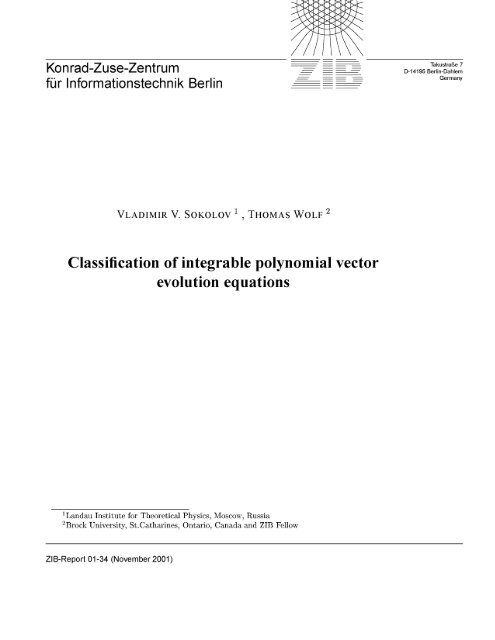 Classification Of Integrable Polynomial Vector Evolution Equations Zib