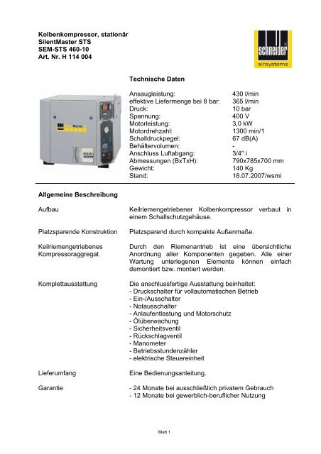 Kolbenkompressor, stationÃ¤r SilentMaster STS SEM ... - Dt-druckluft.de