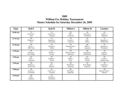 2009 William Fox Holiday Tournament Master Schedule for ... - ccjbc
