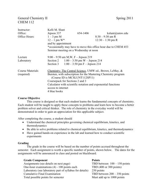 Umw Spring 2022 Final Exam Schedule General Chemistry Ii Spring 2011 Chem 112
