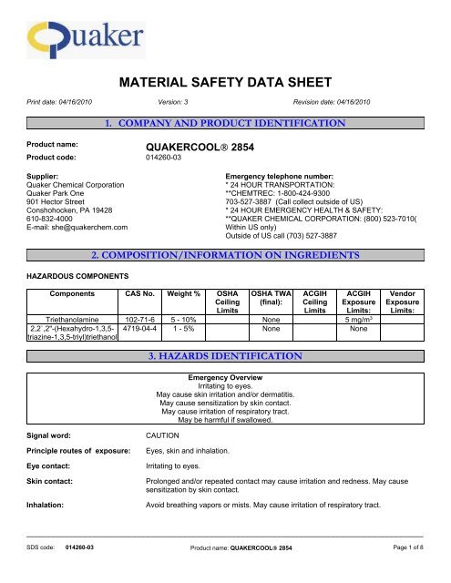 MATERIAL SAFETY DATA SHEET - Quaker Chemical Corporation