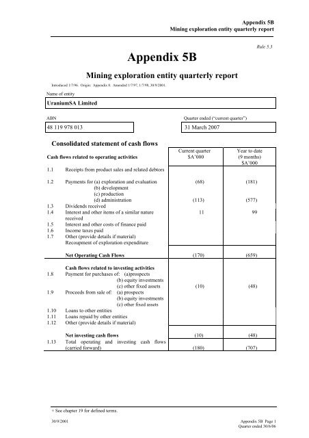 Appendix 5B - Mining exploration entity quarterly report - UraniumSA