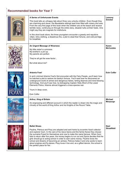 Recommended books for Year 7 - Mangotsfield School
