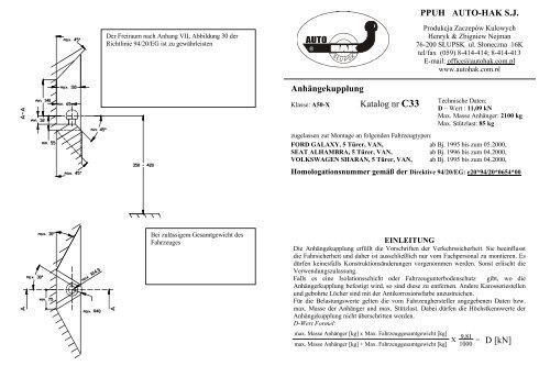 = D [kN] Anhängekupplung Katalog nr C33 PPUH AUTO-HAK S.J.