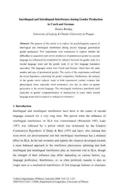 Interlingual and Intralingual Interference during Gender Production