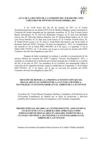 Acta Reunión del Jurado Jóvenes Investigadores 2011 - Injuve