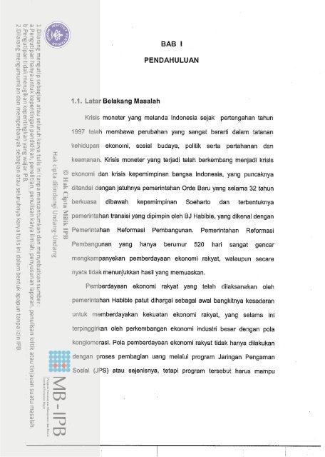 BAB I PENDAHULUAN 1 .I. Latar Belakang Masalah - MB IPB ...