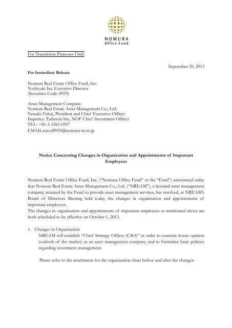 Notice Concerning Changes in Organization and ... - Nikkei
