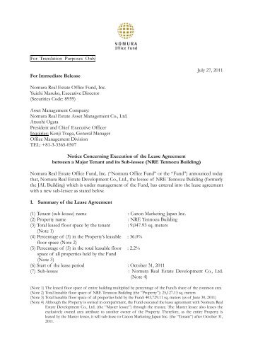 Notice Concerning Execution of the Lease Agreement between a ...