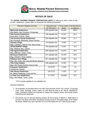 NOTICE OF SALE - Social Housing Finance Corporation