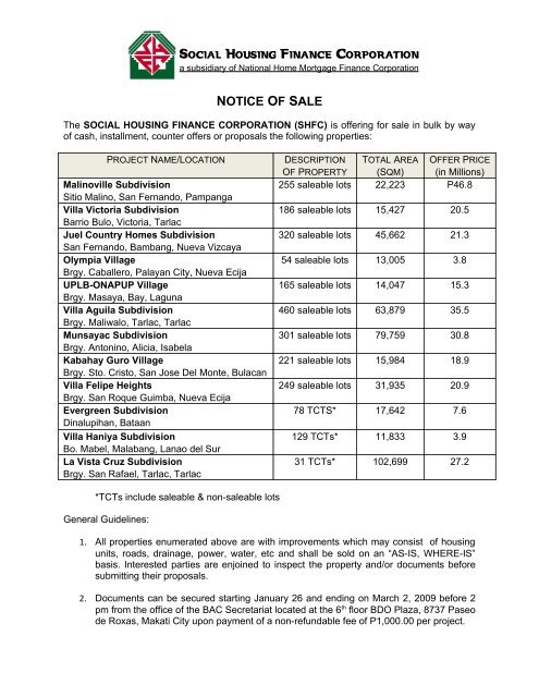 NOTICE OF SALE - Social Housing Finance Corporation