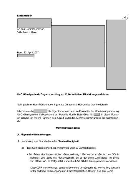 Einschreiben An den Gemeinderat von 3074 Muri b. Bern Bern, 23 ...