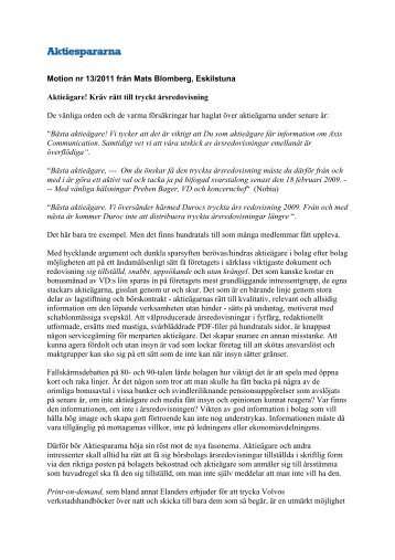 Motion nr 13/2011 frÃ¥n Mats Blomberg, Eskilstuna ... - Aktiespararna