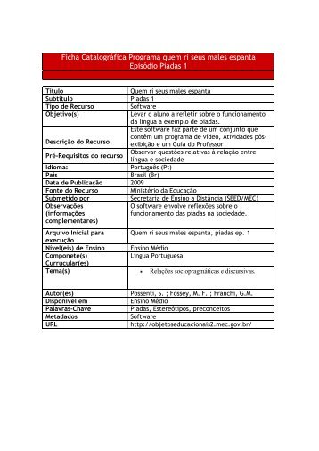 Ficha Catalográfica Programa quem ri seus males ... - Unicamp