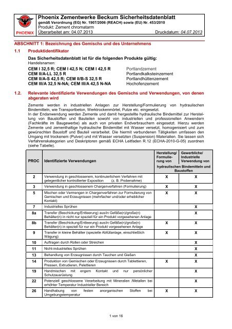 Phoenix Zementwerke Beckum Sicherheitsdatenblatt