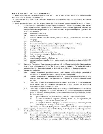 15A NCAC 02H .0916 PRETREATMENT PERMITS (a) All significant ...