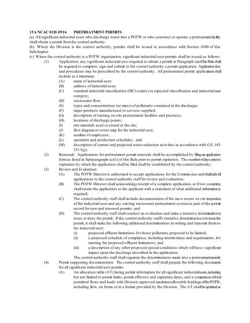 15A NCAC 02H .0916 PRETREATMENT PERMITS (a) All significant ...