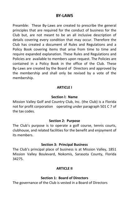 MISSION VALLEY COUNTRY CLUB By-Laws Rules & Regulations
