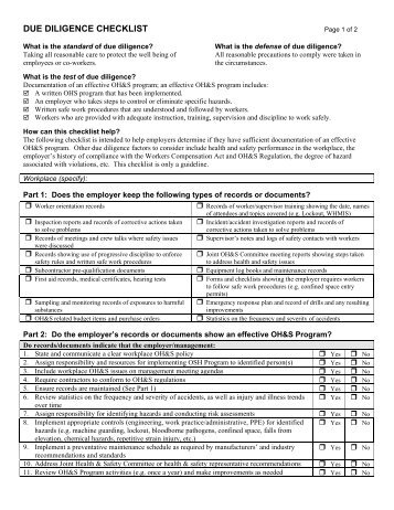 OHS Due Diligence Checklist - Jobs, Tourism and Skills Training