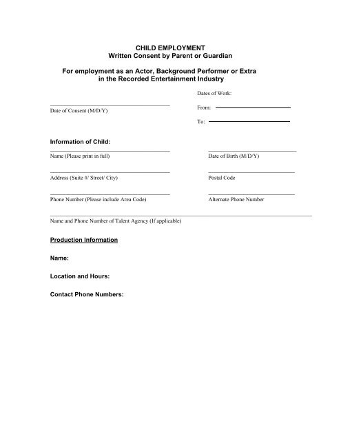 CHILD EMPLOYMENT Written Consent by Parent or Guardian For ...