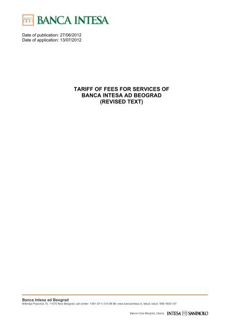 tariff of fees for services of banca intesa ad beograd (revised text)