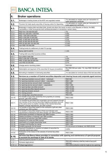 tariff of fees for services of banca intesa ad beograd (revised text)