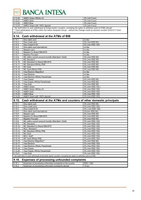 tariff of fees for services of banca intesa ad beograd (revised text)